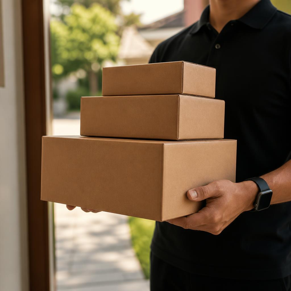 Entregador segurando pacotes prontos para entrega