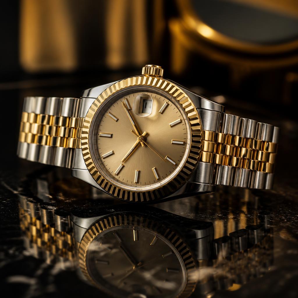 Relógio dourado e prata com bezel canelado e pulseira jubilee