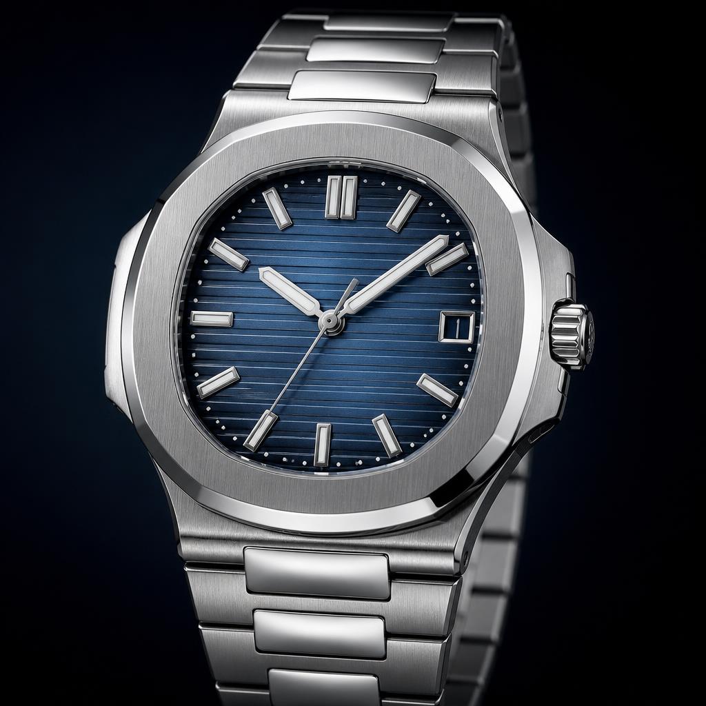 Relógio esportivo de luxo com mostrador azul e pulseira integrada de aço